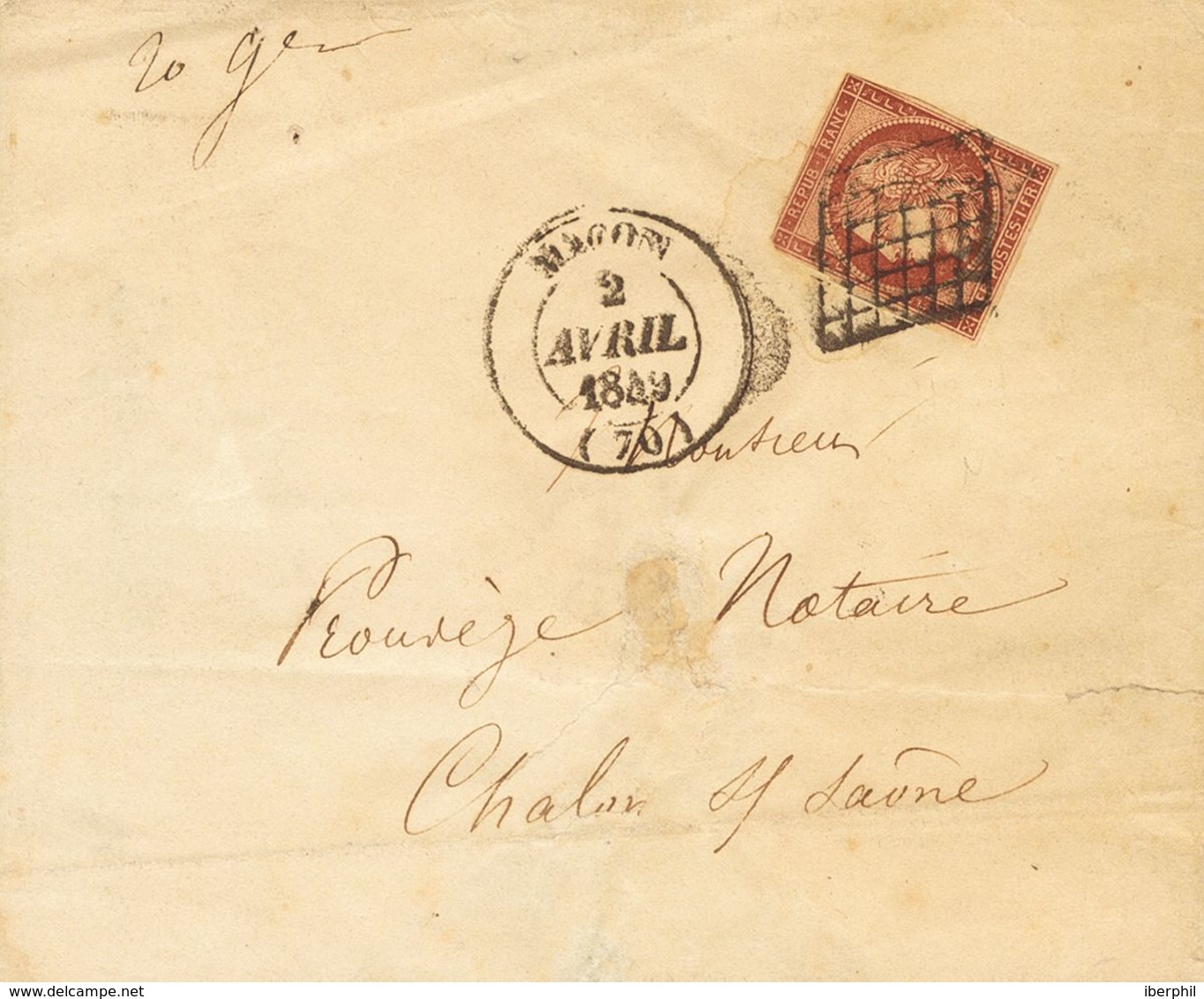 France. COVERYv 6. 1849. 1 Fr Carmine (short Margins). MACON To CHALONS SUR SAONE. GRILL Cancel, On Front Manuscript "20 - Autres & Non Classés