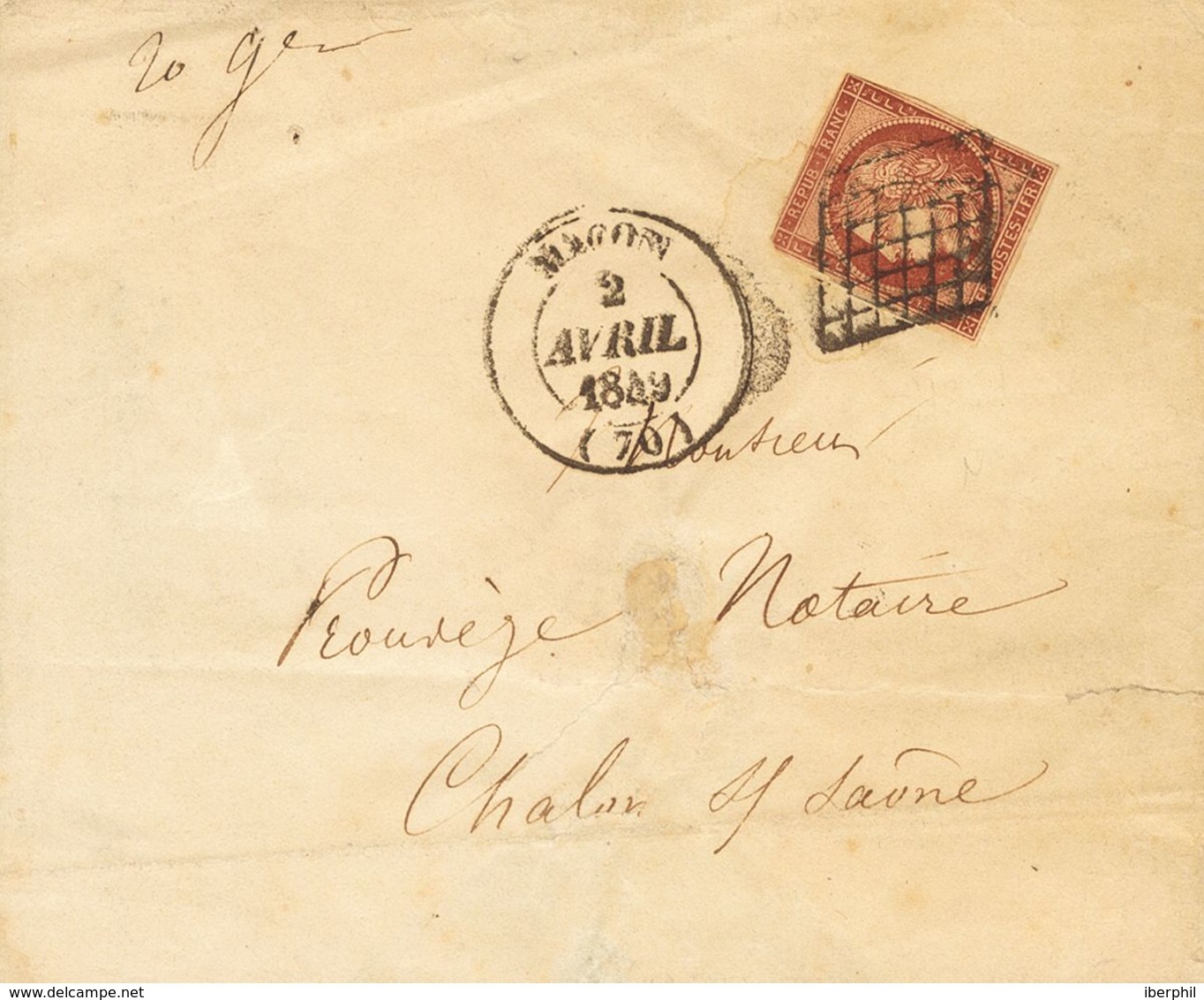 France. COVERYv 6. 1849. 1 Fr Carmine (short Margins). MACON To CHALONS SUR SAONE. GRILL Cancel, On Front Manuscript "20 - Otros & Sin Clasificación