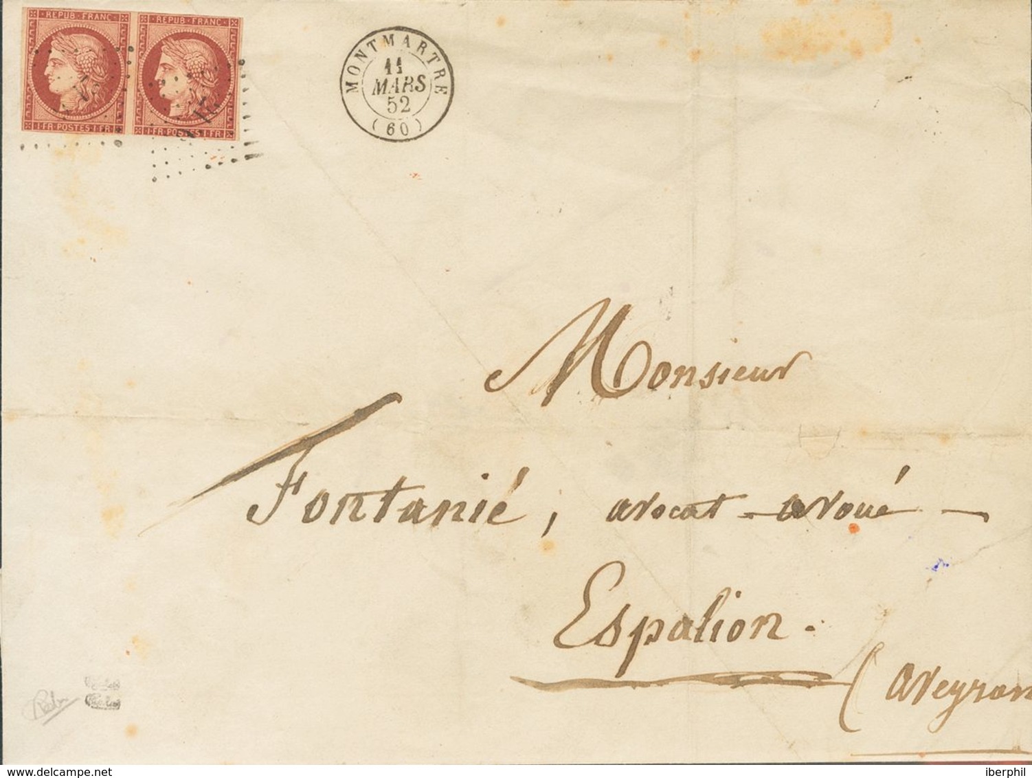 France. COVERYv 6(2). 1852. 1 Fr Carmine, Pair (short Lower Margin). MONTMARTRE To ESPALION. Lozenge Small Number "2116" - Autres & Non Classés