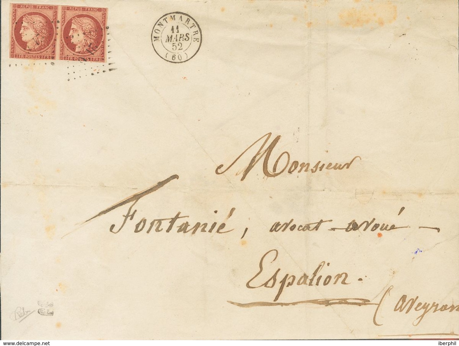 France. COVERYv 6(2). 1852. 1 Fr Carmine, Pair (short Lower Margin). MONTMARTRE To ESPALION. Lozenge Small Number "2116" - Other & Unclassified