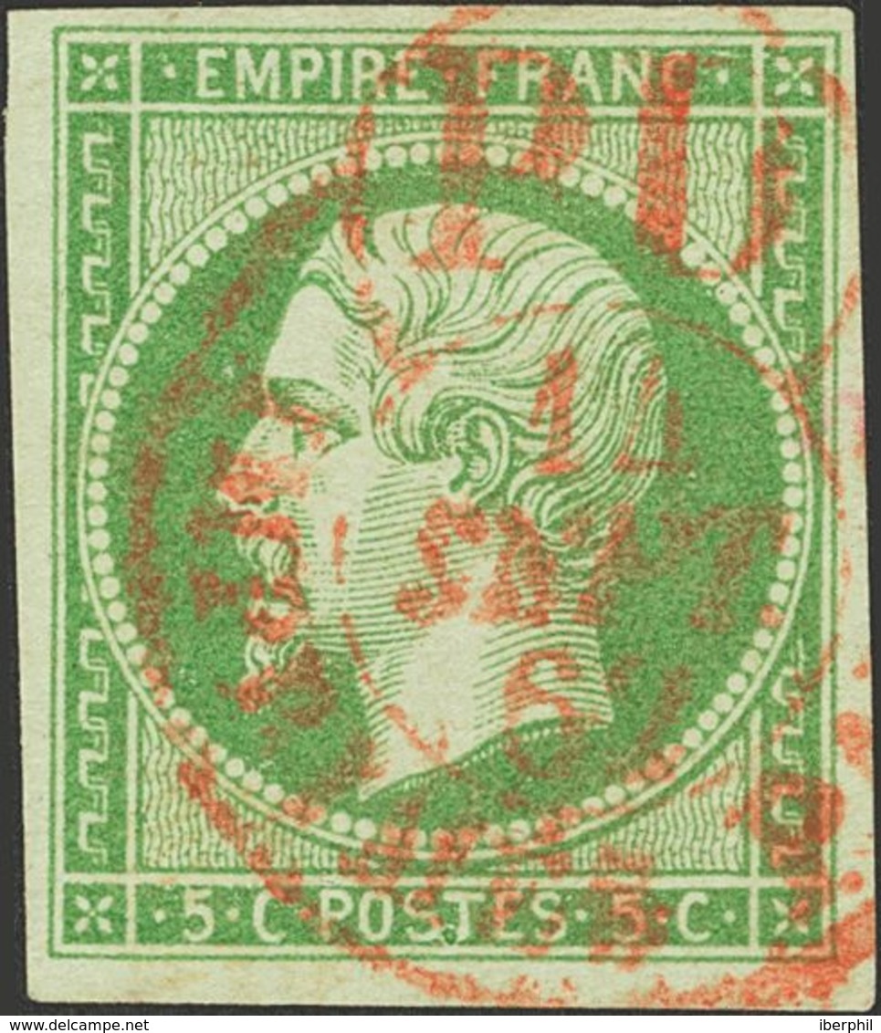 France. ºYv 12. 1860. 5 Green Cts. Special Postmark P.D. / IMPRIMES PARIS, In Red. VERY FINE AND RARE. -- Francia. ºYv 1 - Other & Unclassified