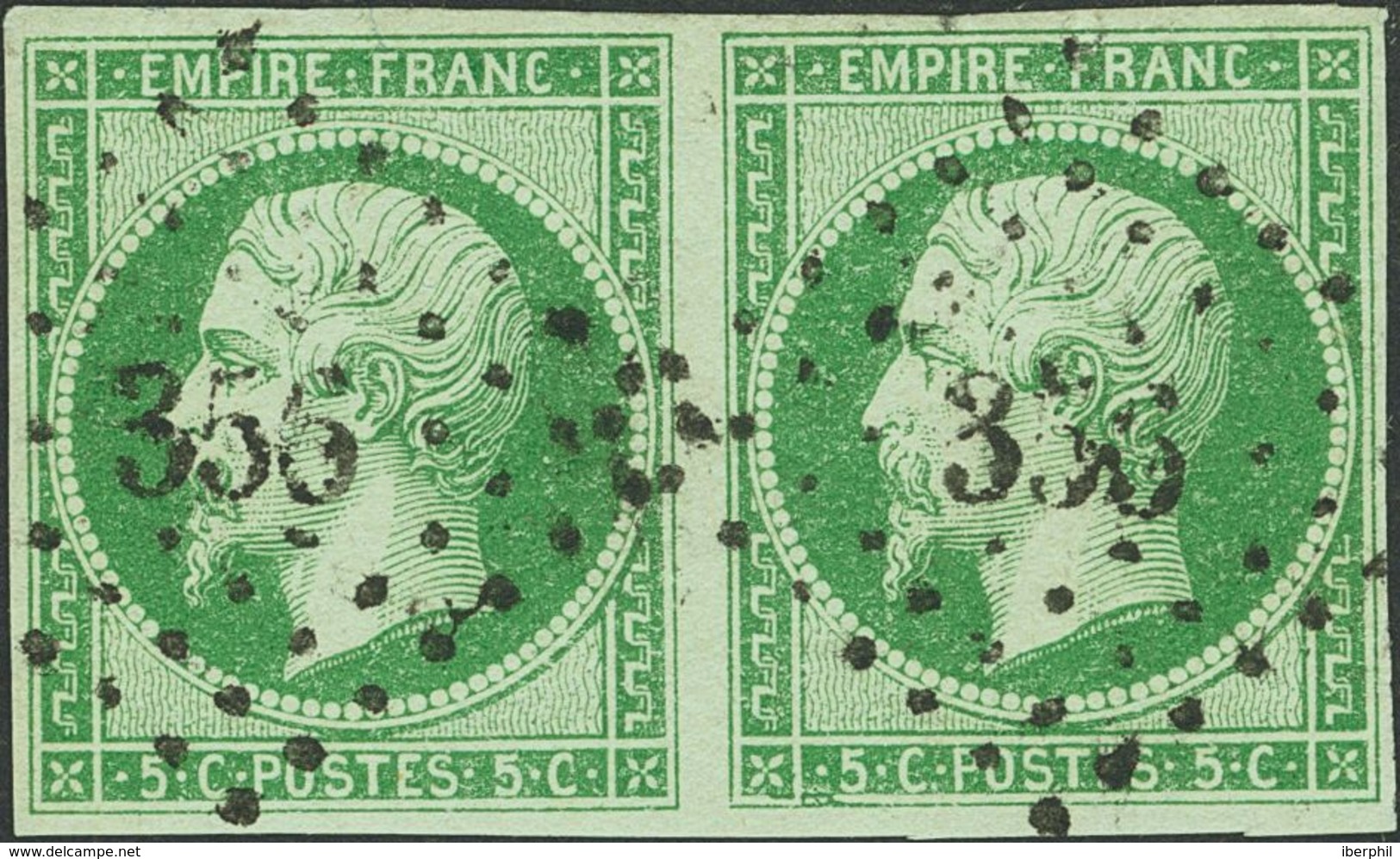 France. ºYv 12(2). 1854. 5 Green Cts, Pair. Cancel Lozenge Small Numbers "356", Of Belleville. VERY FINE.   Yvert 2014:  - Other & Unclassified