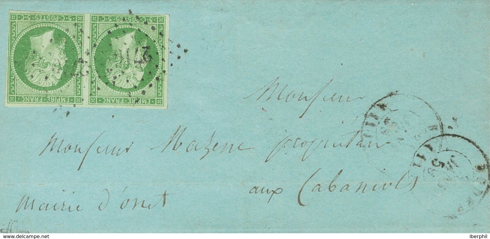 France. COVERYv 12(2). 1859. 5 Cts Green, Pair. RODEZ To LES CABANIOLS. Lozenge Small Numbers Postmark "2710". VERY FINE - Autres & Non Classés