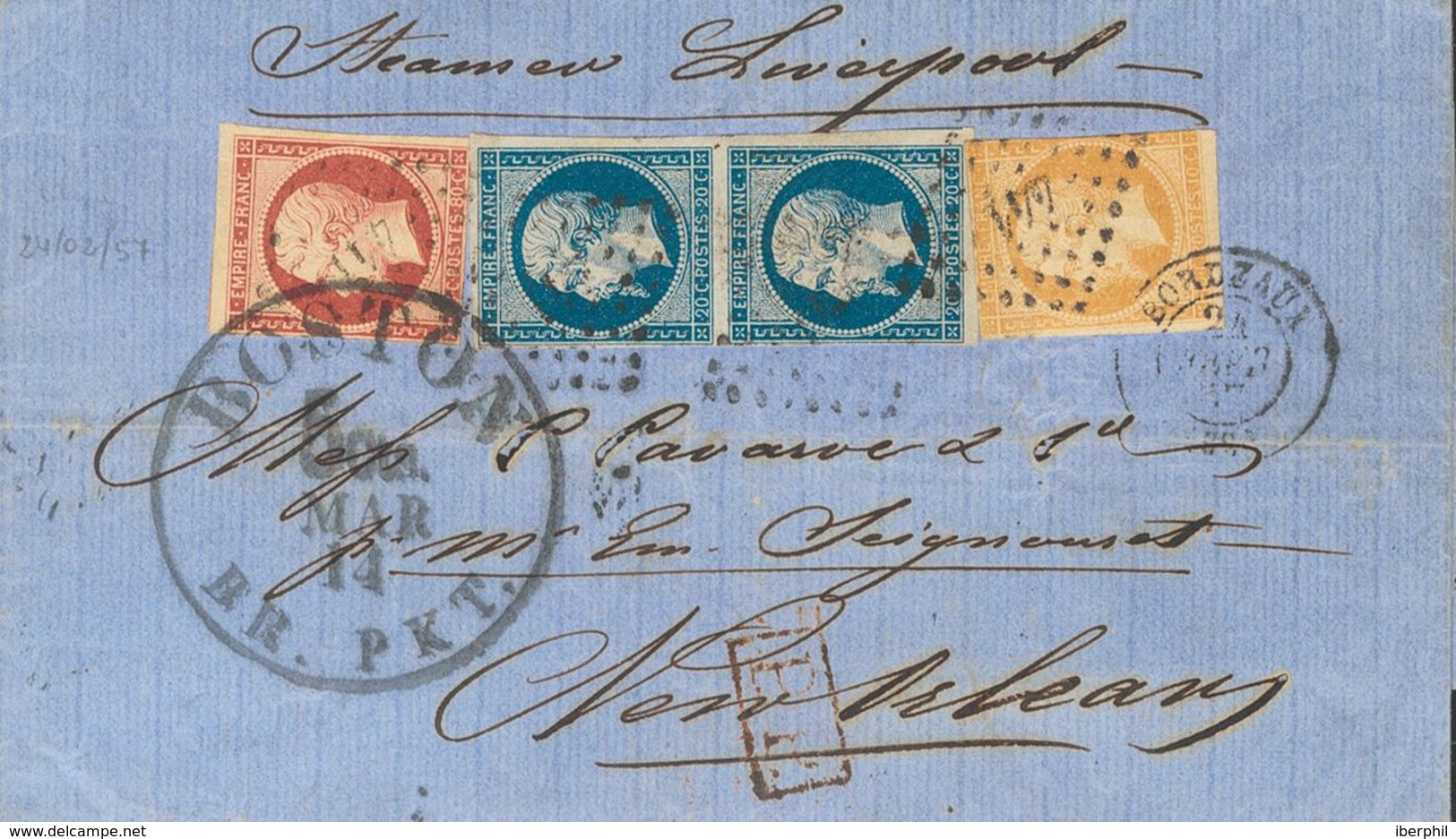 France. COVERYv 13A, 14A(2), 17A. 1857. 10 Cts Bistre Brown (short Margin), 20 Cts Blue, Pair And 80 Cts Carmine (short  - Autres & Non Classés