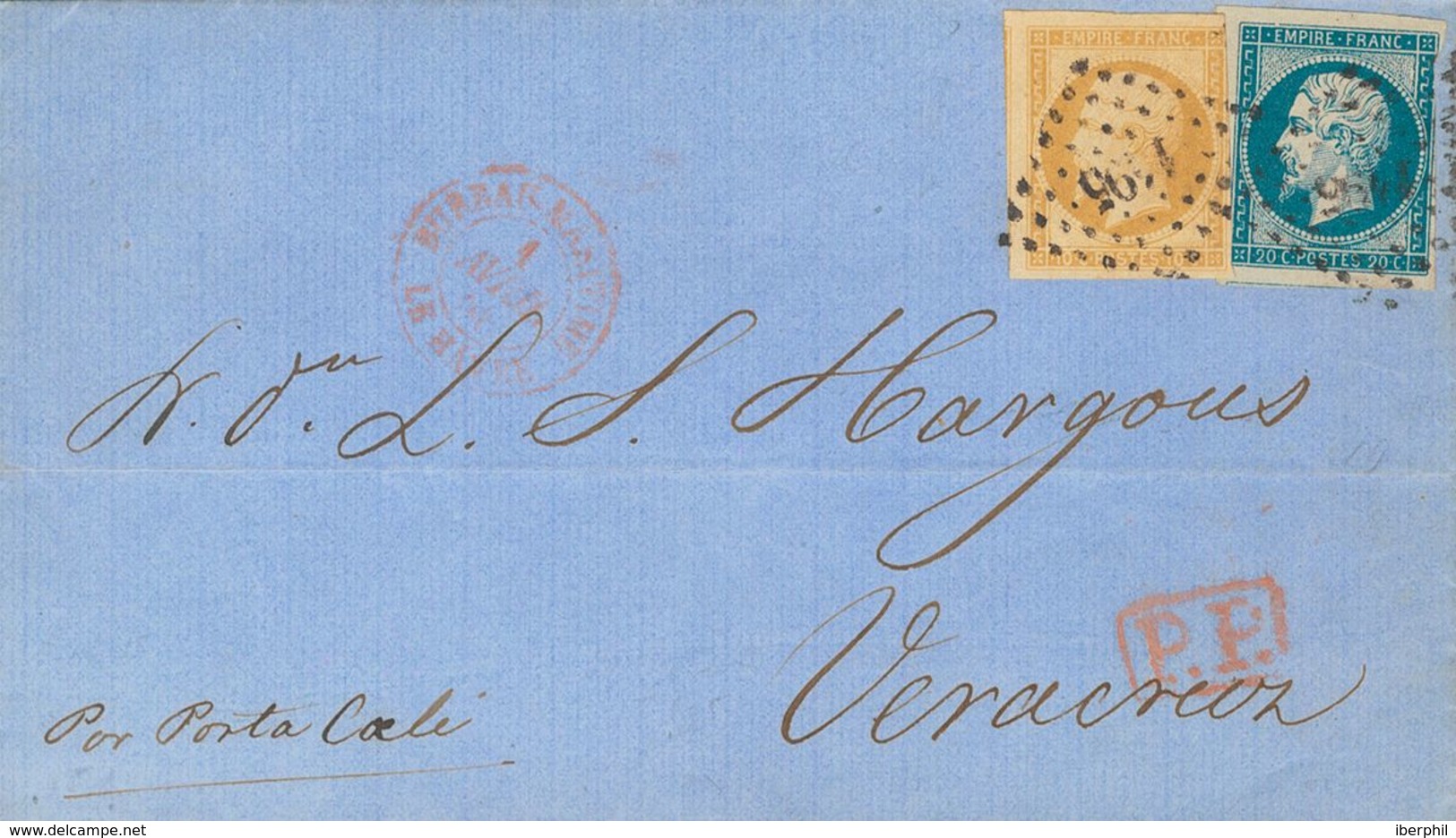 France. COVERYv 13B, 14A. 1856. 10 Cts Bistre And 20 Cts Blue (short Margin). PARIS To VERACRUZ (MEXICO). Tied With Loze - Otros & Sin Clasificación