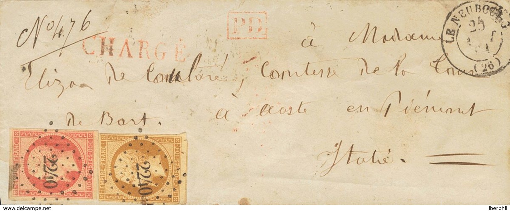 France. COVERYv 13B, 17B. 1861. 10 Cts Bistre And 80 Cts Pink. Registered Cover LE NEBOURG To AOSTA (ITALY). Cancelled B - Otros & Sin Clasificación