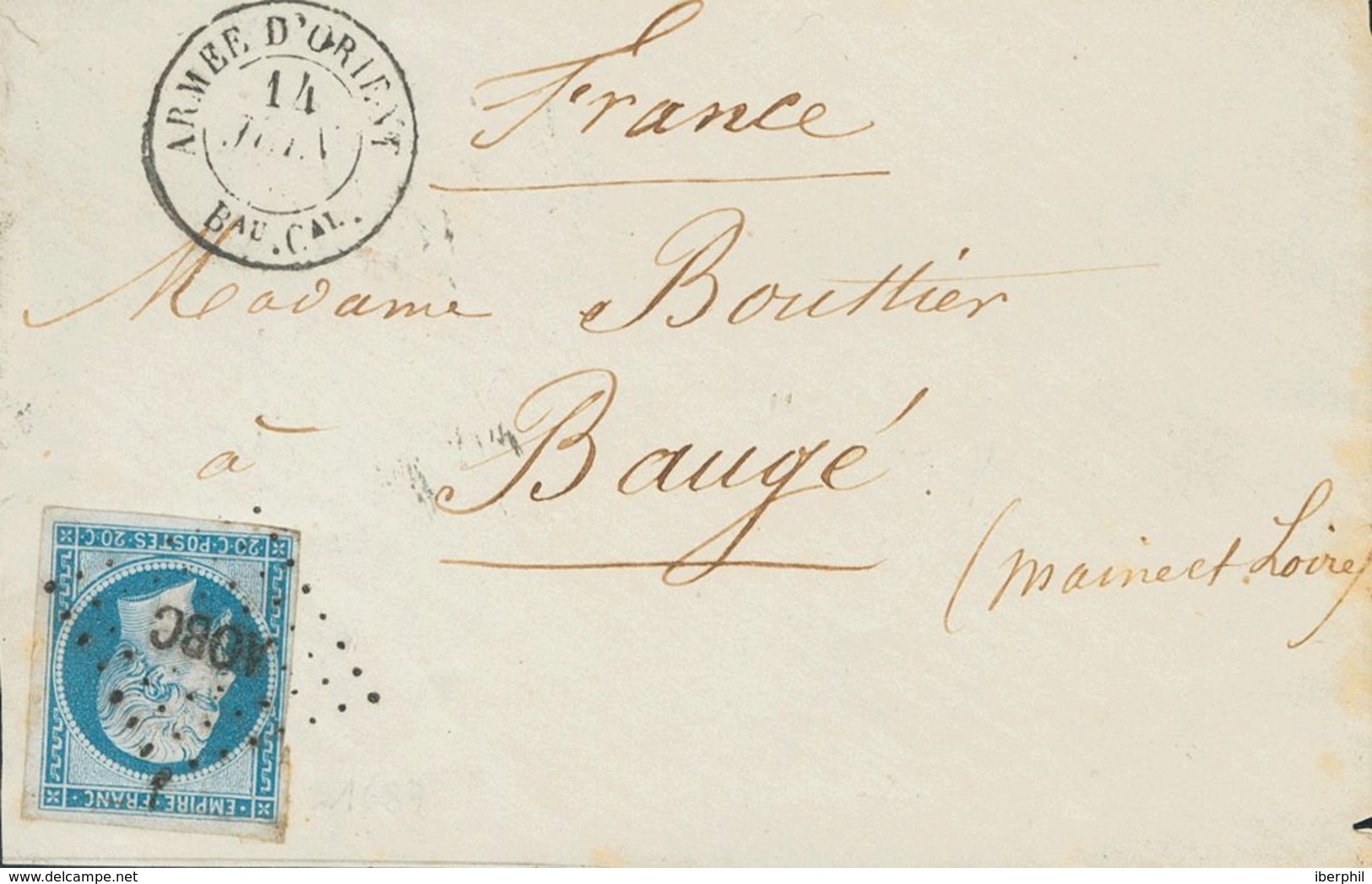 France. COVERYv . 1855. 20 Cts Blue. Cover Addressed To BAUGE. Postmark LOZENGE OF DOTS AOBC And On The Front Postmark A - Other & Unclassified