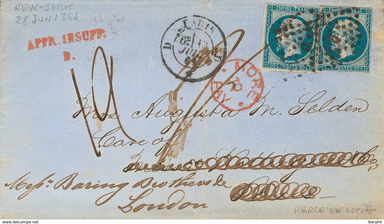 France. COVERYv 14A(2). 1864. 20 Cts Blue, Two Stamps Cut In Lines. NEW YORK To PARIS,  Readdressed To LONDON (stamps Ap - Autres & Non Classés