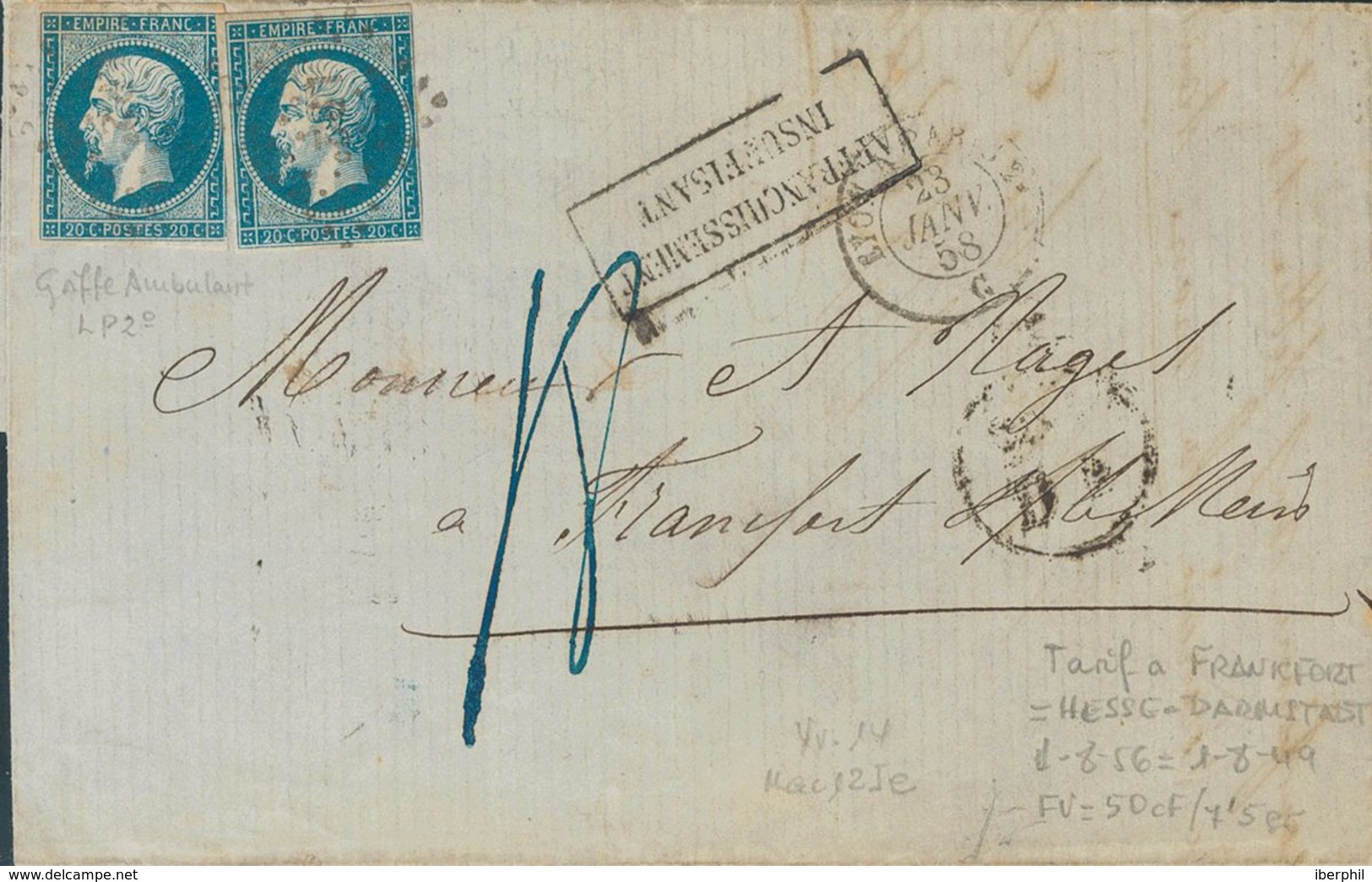 France. COVERYv 14A(2). 1858. 20 Cts Blue, Two Stamps. LYON To FRANKFURT (GERMANY). Lozenge Of Dots LP2º Cancel, On Fron - Other & Unclassified