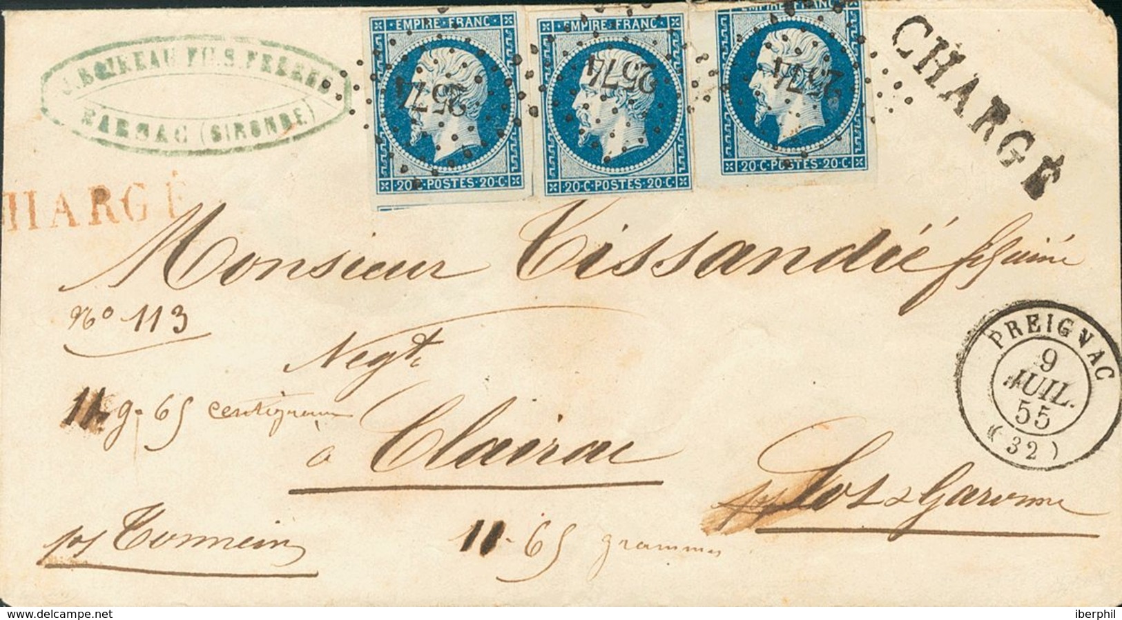 France. COVERYv 14A(3). 1855. 20 Blue Cts, Three Stamps. Registered Cover From BARSAC To CLAIRAC. Lozenge Of Small Dots  - Other & Unclassified