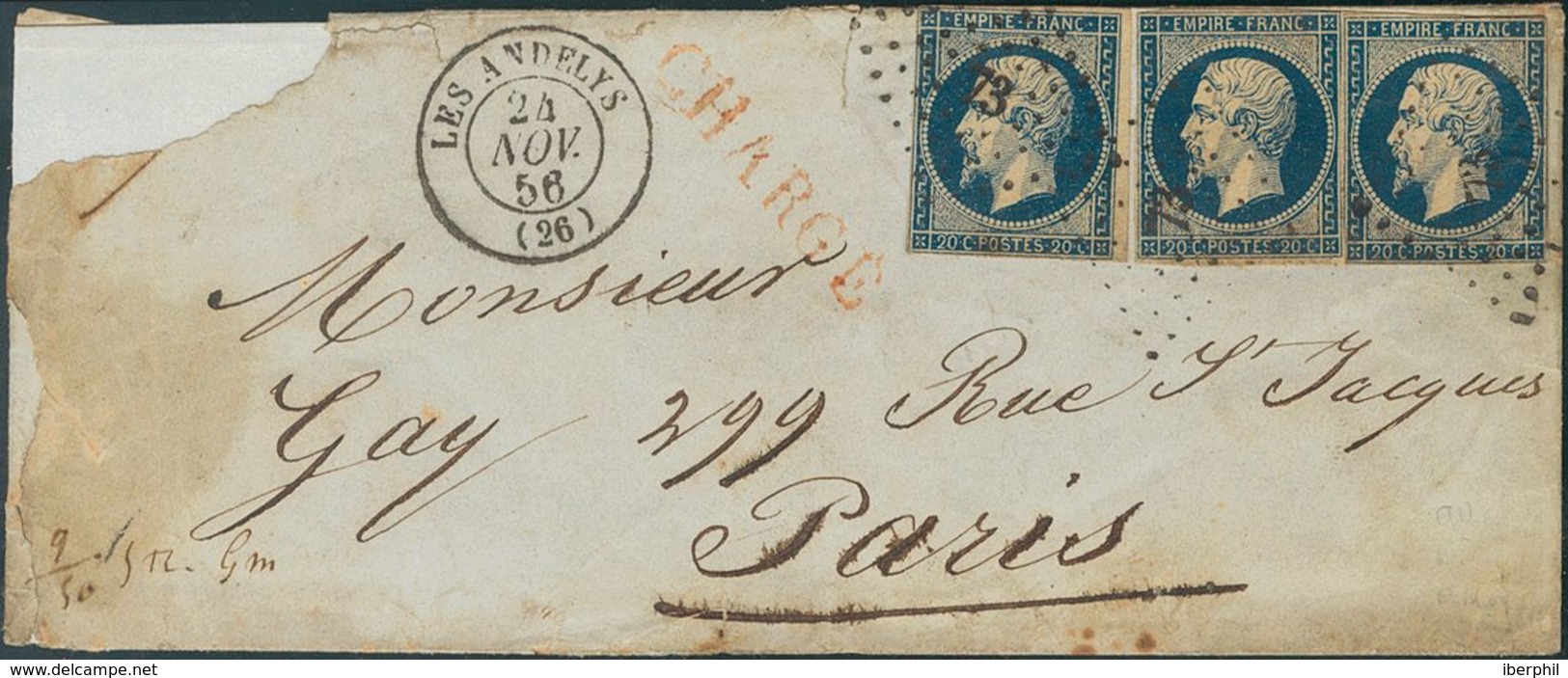 France. COVERYv 14A(3). 1856. 20 Cts Blue, Strip Of Three Stamps (one With Short Margin). Registered Cover From LES ANDE - Andere & Zonder Classificatie