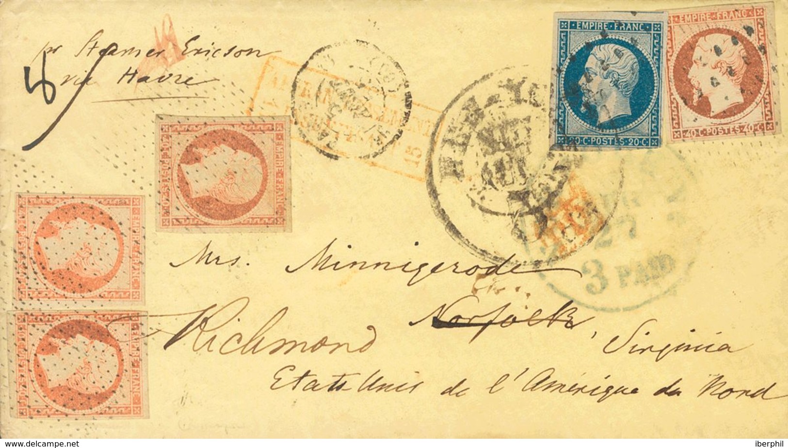 France. COVERYv 14A, 16(4). 1855. 20 Cts Blue And 40 Cts Orange, Four Stamps. PARIS To NORFOLK (USA) Readdressed To RICH - Andere & Zonder Classificatie