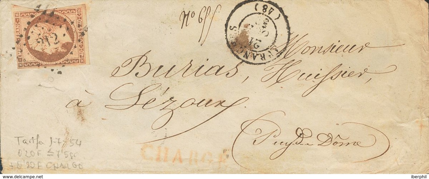 France. COVERYv 16. 1859. 4 Cts Orange. Registered Cover From AVRANCHES To LEZOUX. On Reverse Postmark POIDS / CACHETS A - Autres & Non Classés