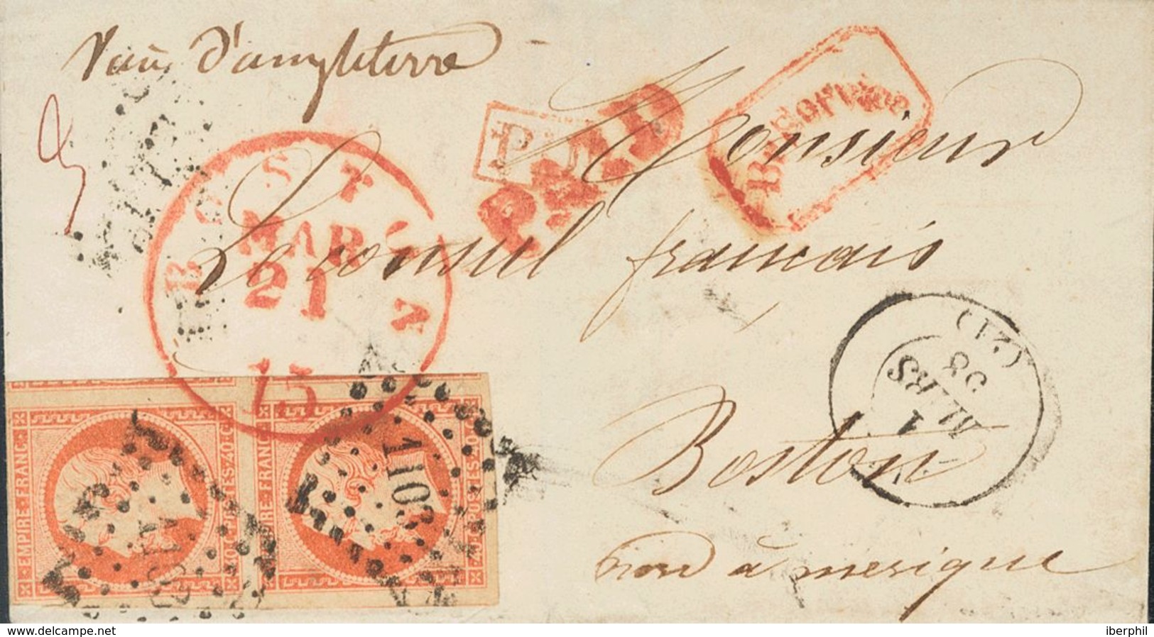 France. COVERYv 16(2). 1858. 40 Cts Orange, Pair. DINAN To BOSTON (U.S.A.). On Front Arrival. VERY FINE. -- Francia. SOB - Sonstige & Ohne Zuordnung