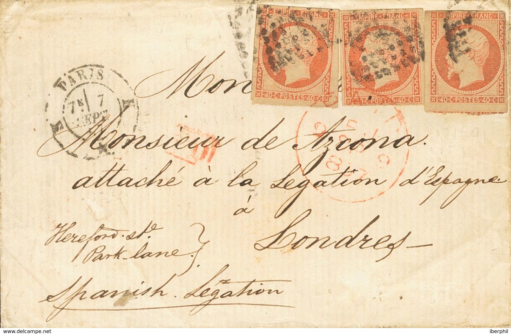 France. COVERYv 16(3). 1857. 40 Cts Orange, Strip Of Three Stamps (one With Short Margin). PARIS To LONDON. Addressed To - Autres & Non Classés