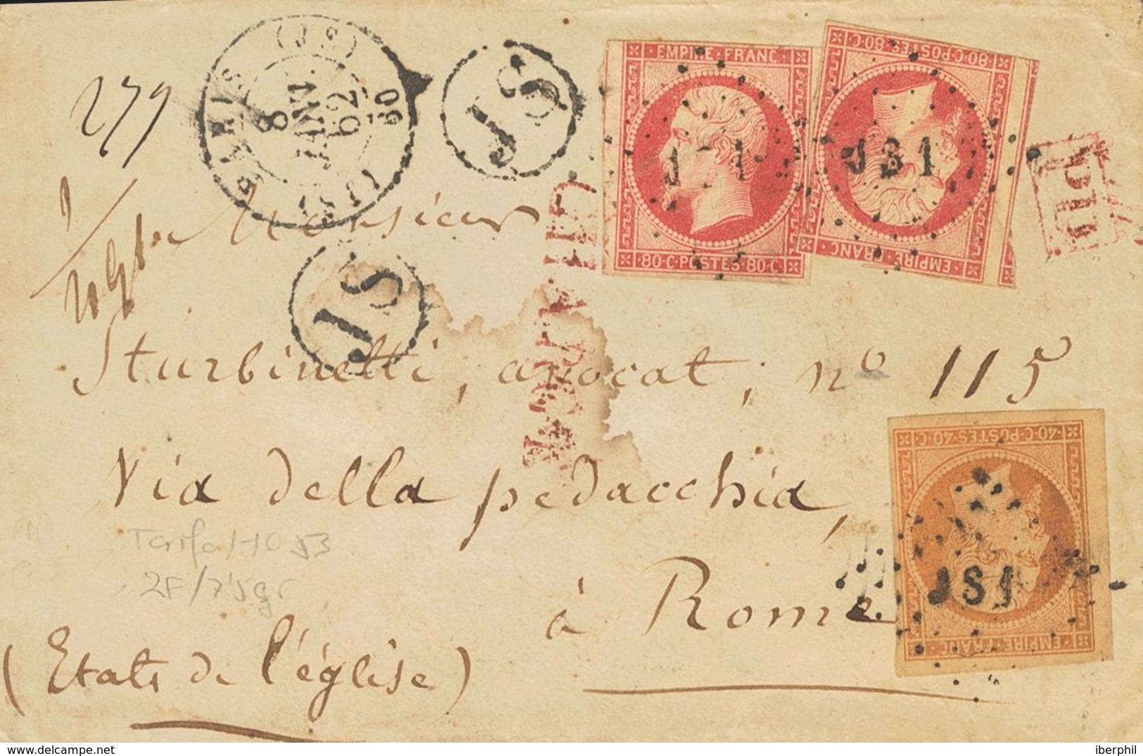 France. COVERYv 16, 17B(2). 1862. 40 Cts Orange And 80 Cts Pink, Two Stamps (short Margins). Registered Cover From PARIS - Autres & Non Classés