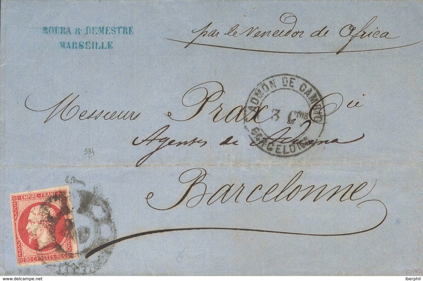 France. COVERYv 17B. 1863. 80 Cts Pink. MARSEILLE To BARCELONA. Postmark Cart Wheel "2", Applied On Arrival And On Front - Andere & Zonder Classificatie