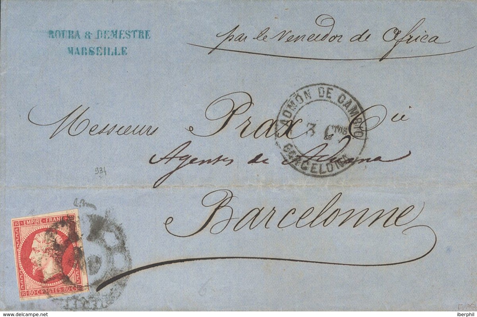 France. COVERYv 17B. 1863. 80 Cts Pink. MARSEILLE To BARCELONA. Postmark Cart Wheel "2", Applied On Arrival And On Front - Other & Unclassified