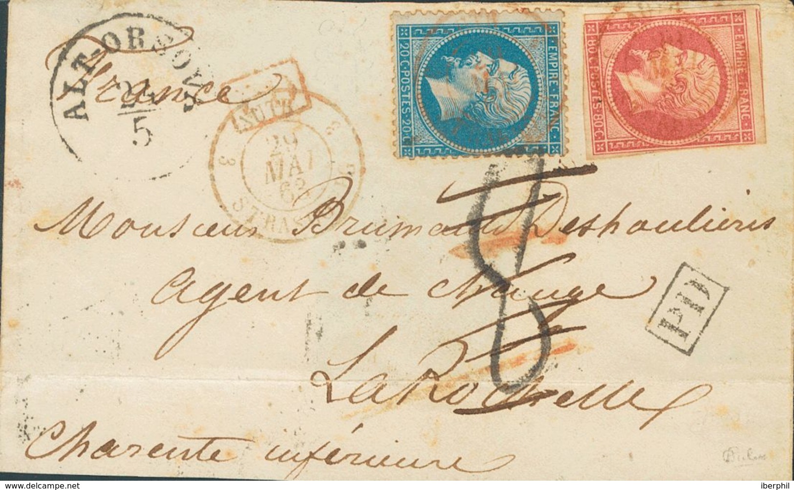 France. COVERYv 17B, 22. 1863. 80 Cts Pink (short Margins) And 20 Cts Blue. Addressed To LA ROCHELLE (flap Missing On Re - Otros & Sin Clasificación