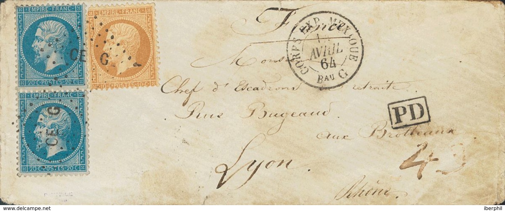 France. COVERYv 21, 22(2). 1864. 10 Cts Yellow Chestnut And 20 Blue Cts, Two Stamps. Addresed To LYON. Postmark LOZENGE  - Other & Unclassified