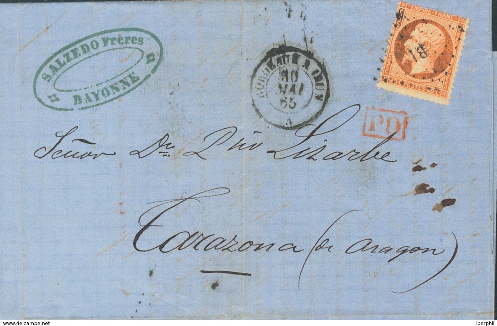 France. COVERYv 22, 23. 1865. Set Of Two Covers Addressed From BAYONA To TARAZONA With Franking Of 20 Cts Blue And 40 Ct - Other & Unclassified