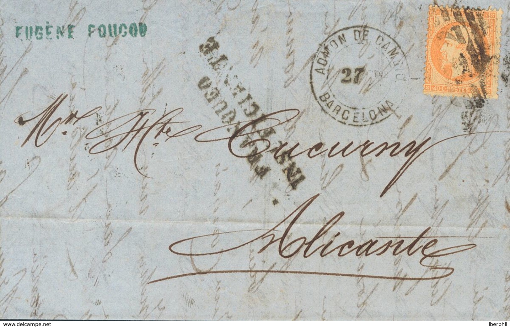 France. COVERYv 23. 1865. 40 Cts Orange. MARSEILLE To ALICANTE. On Front Postmarks ADMON. DE CAMBIOS / 27 CTOS. / BARCEL - Otros & Sin Clasificación