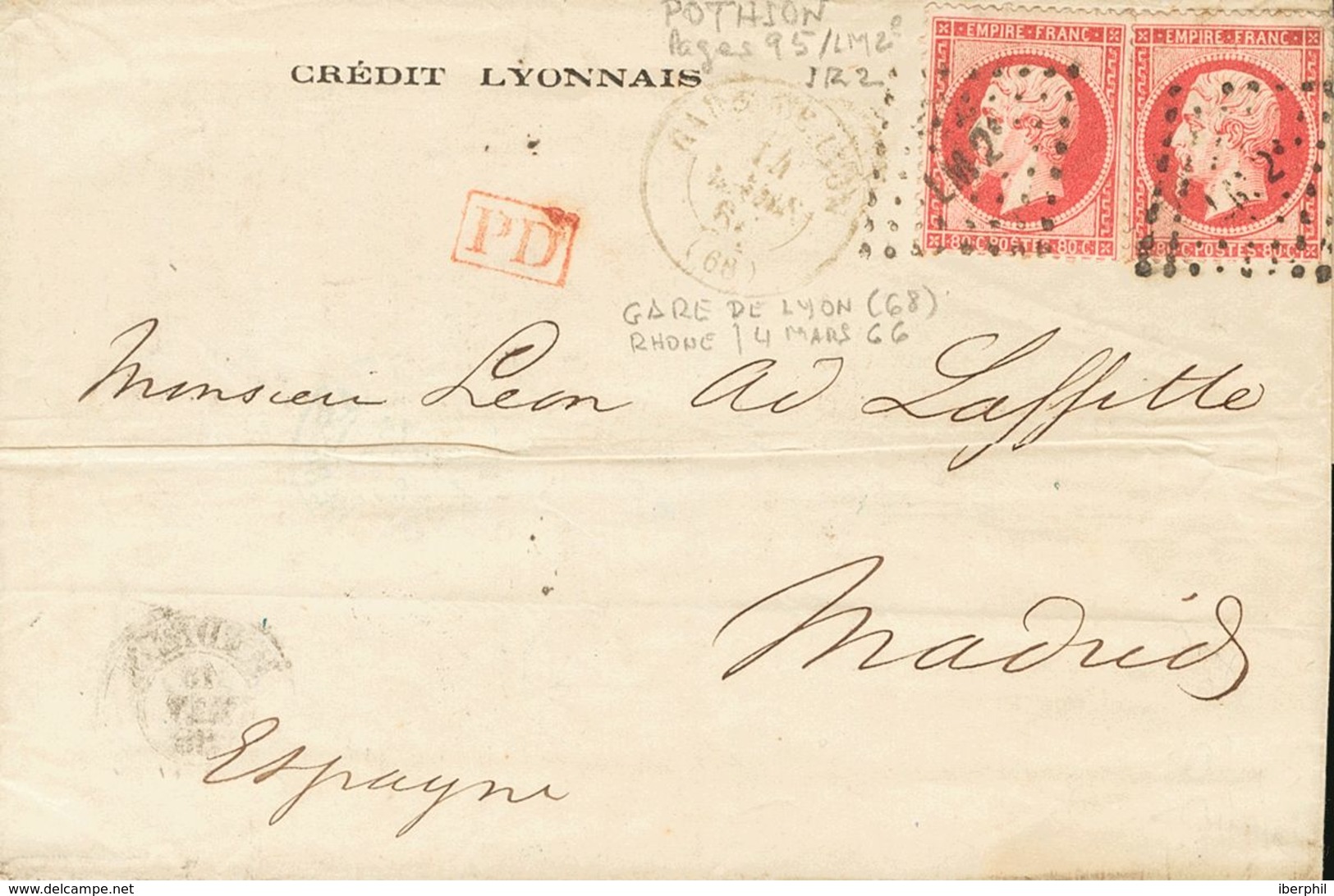 France. COVERYv 24(2). 1866. 80 Cts Pink, Two Stamps. LYON To MADRID. Lozenge Of Dots LM2 Cancel, On Front GARE DE LYON  - Sonstige & Ohne Zuordnung