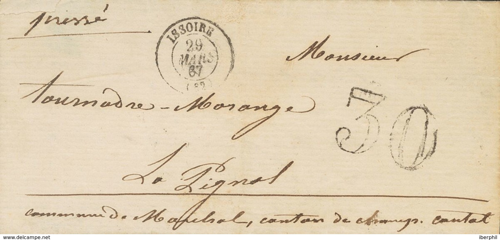 France. COVERYv . 1867. ISSOIRE To LA PIGNOLE (CANTON OF CANTAL). Cds ISSOIRE, Manuscript "pressé" (urgent) And Due Of 3 - Autres & Non Classés