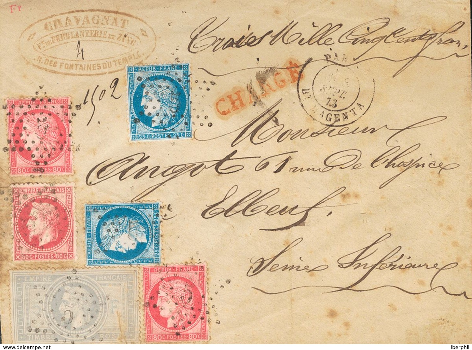 France. COVERYv 33, 57(2), 60A(2). 1873. 5 Fr Grey Violet (defect), 80 Cts Pink, Two Stamps And 25 Cts Blue (one Stamp M - Other & Unclassified