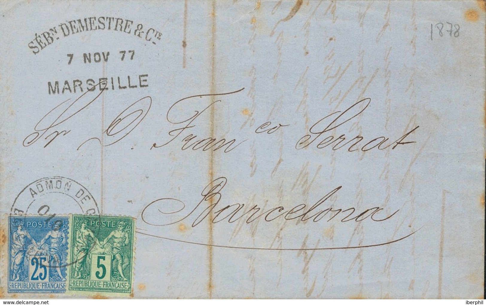 France. COVERYv 75, 79. 1877. 5 Cts Green And 25 Cts Blue. MARSEILLE To BARCELONA. Postmark ADMON DE CAMBIO / 010 CTS /  - Other & Unclassified