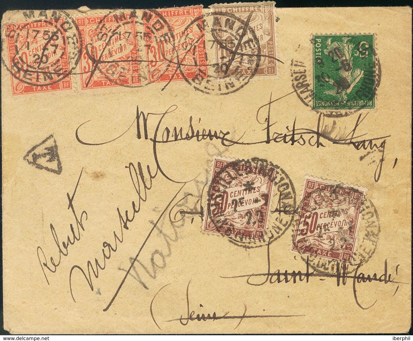 France. COVER137. 1920. 5 Green Cts. MARSEILLE To SAINT MANDE. Returned To Sender And Two Times On Arrival In Saint Mand - Other & Unclassified