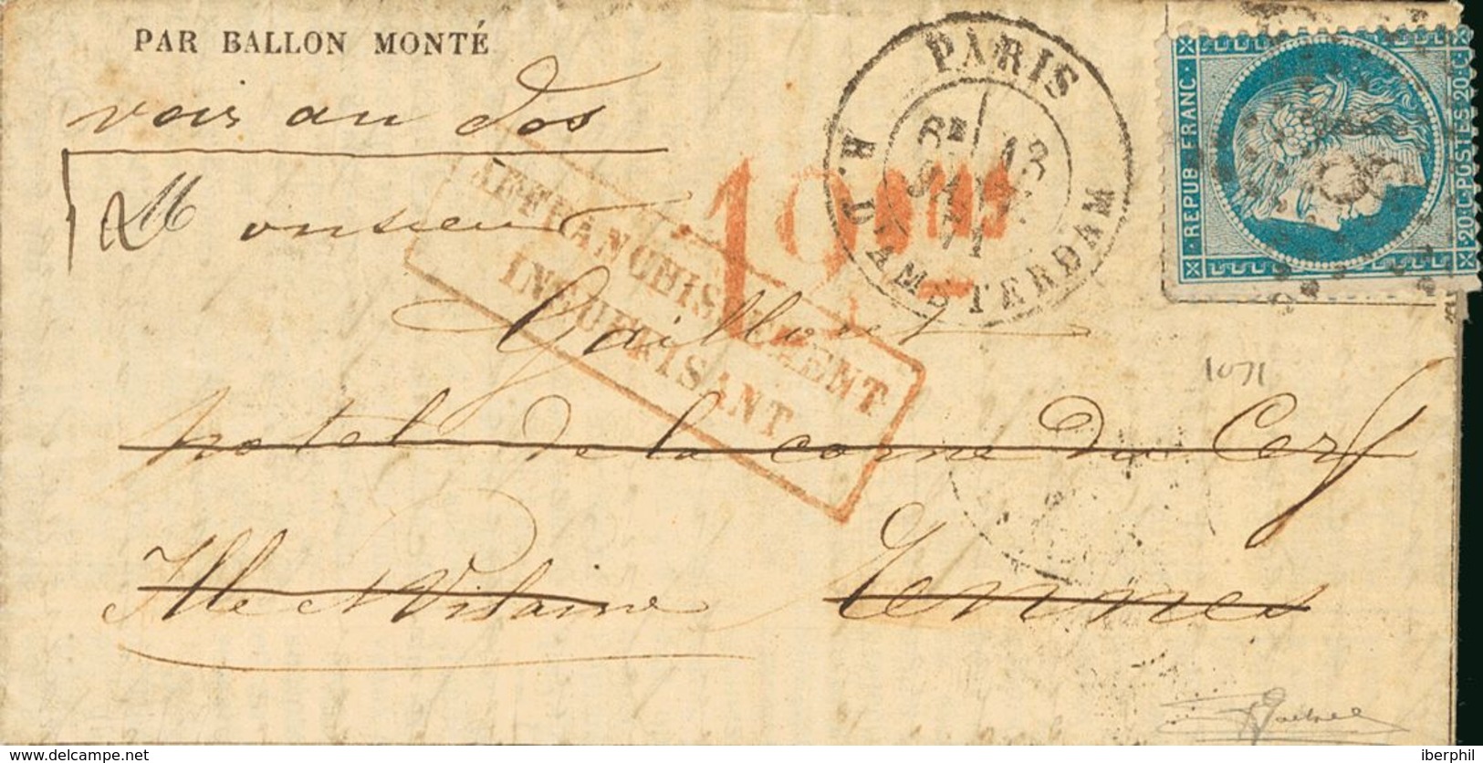 France, Ballons Montés. COVER37. 1871. 20 Cts Blue On "Gazette". PARIS To RENNES, And Readdressed To SAN SEBASTIAN (SPAI - Otros & Sin Clasificación