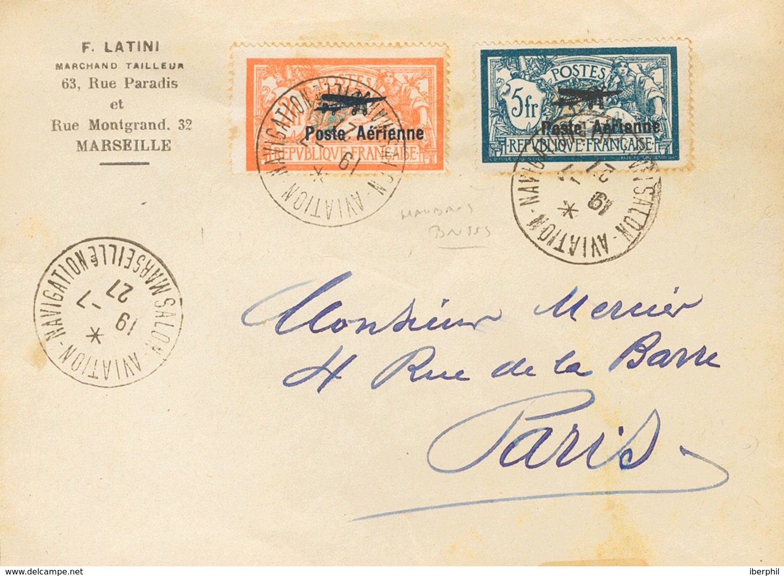 France, Airmail. COVER1/2. 1927. Complete Set (toned). Philatelic Letter From MARSEILLE To PARIS (FRANCE). Postmark SALO - Other & Unclassified