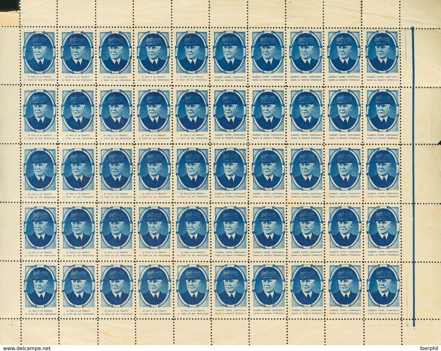 France, Vignette. **. 1944. Set Of Seven Labels Of Marshal Petain With Different Colours In Complete Sheets Of Fifty (so - Other & Unclassified