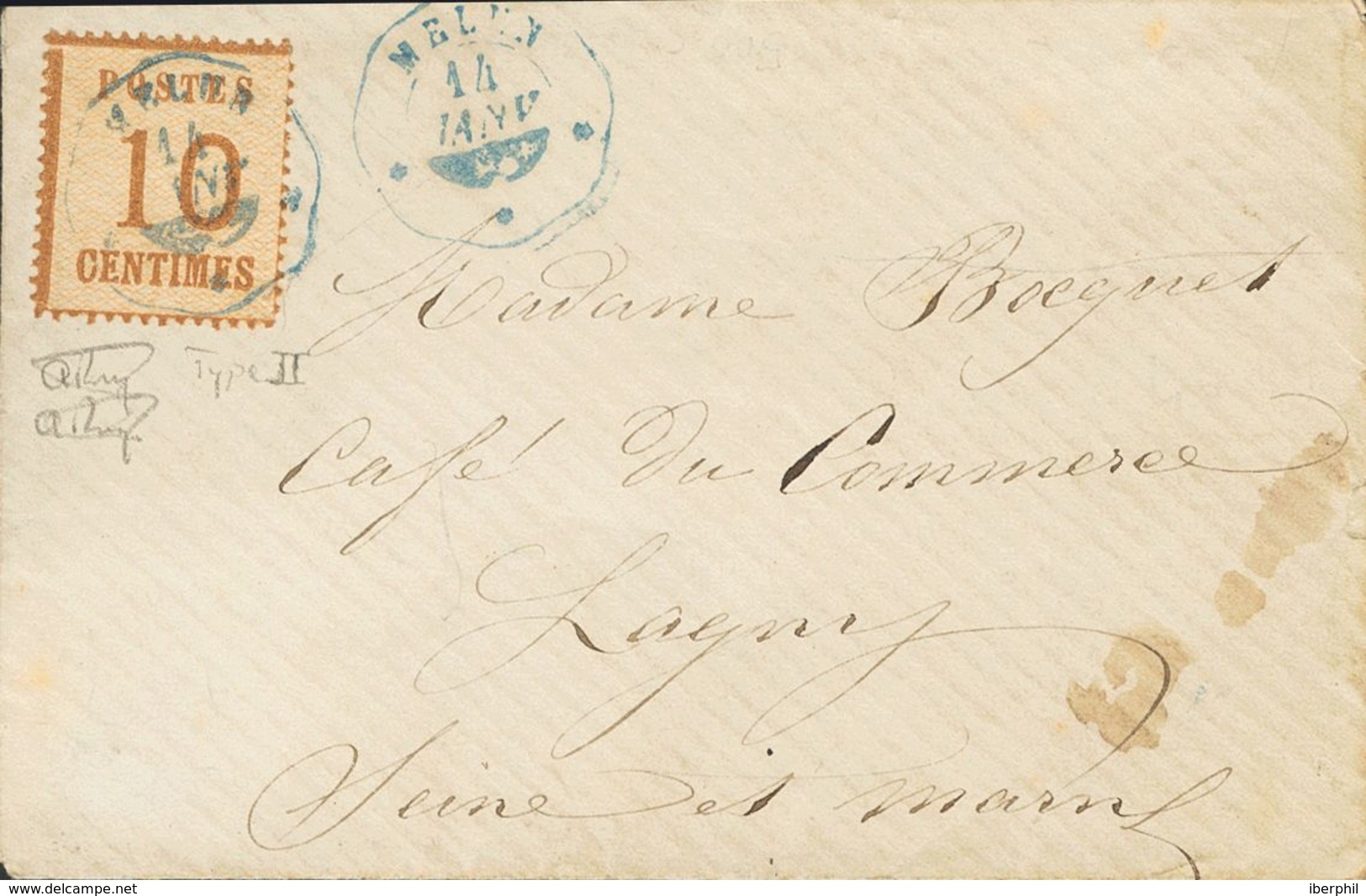 France, Alsace-Lorraine. COVERYv 5. 1871. 10 Cts Yellow Brown. MELUN To LAGNY. Telegraph Postmark Of MELUN, In Blue And  - Andere & Zonder Classificatie