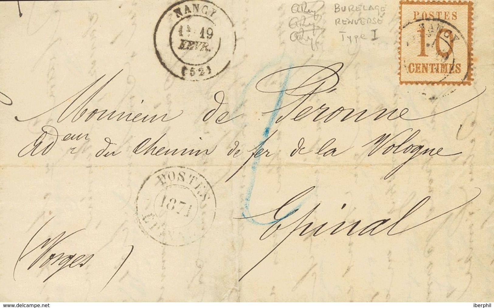 France, Alsace-Lorraine. COVERYv 5b. 1871. 10 Cts Brown Yellow INVERTED BACKGROUND. NANCY To EPINAL. Postmark NANCY / (5 - Autres & Non Classés