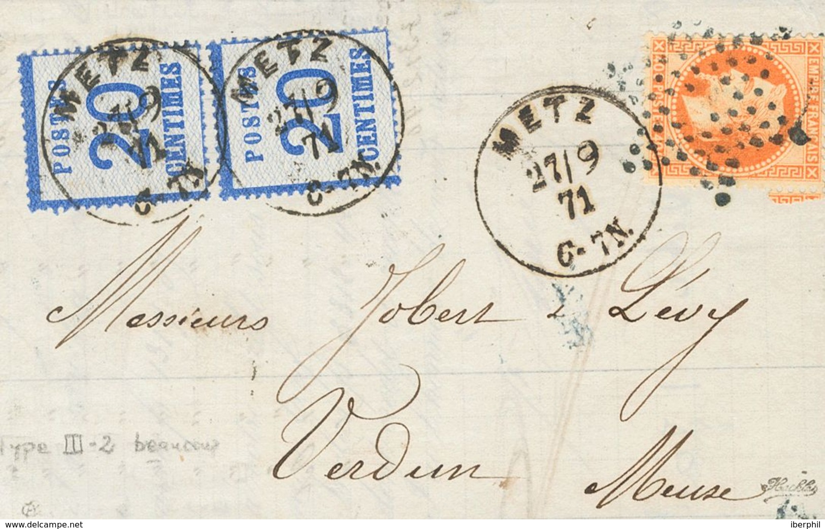 France, Alsace-Lorraine. COVERYv 6(2). 1871. 20 Cts Blue, Two Stamps And 40 Cts Orange Of France (Lauré). METZ To VERDUN - Autres & Non Classés