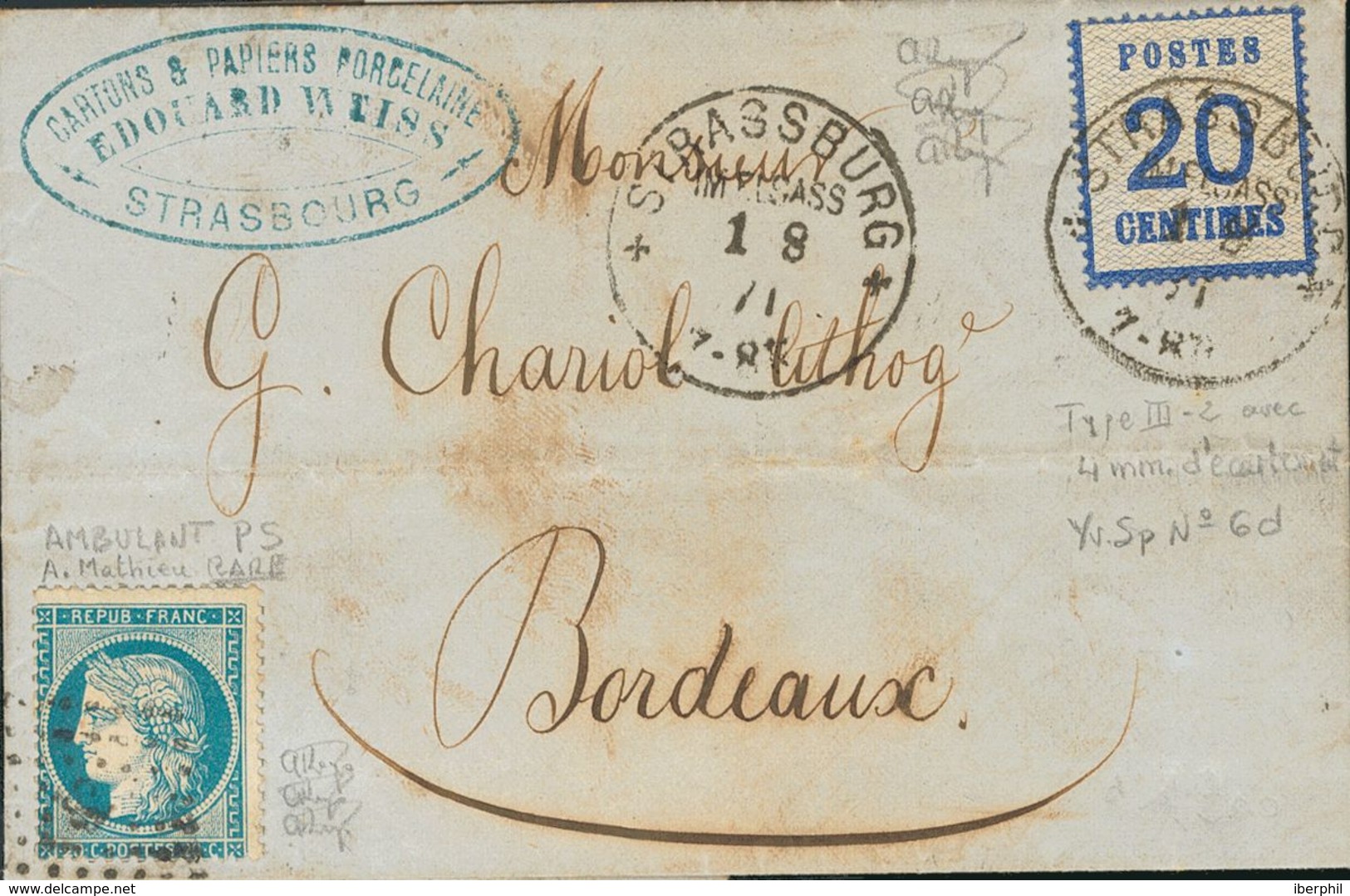 France, Alsace-Lorraine. COVERYv 6, Francia 37. 1871. 20 Cts Blue And 20 Cts Blue Of France (Siége). STRASBOURG To BORDE - Autres & Non Classés