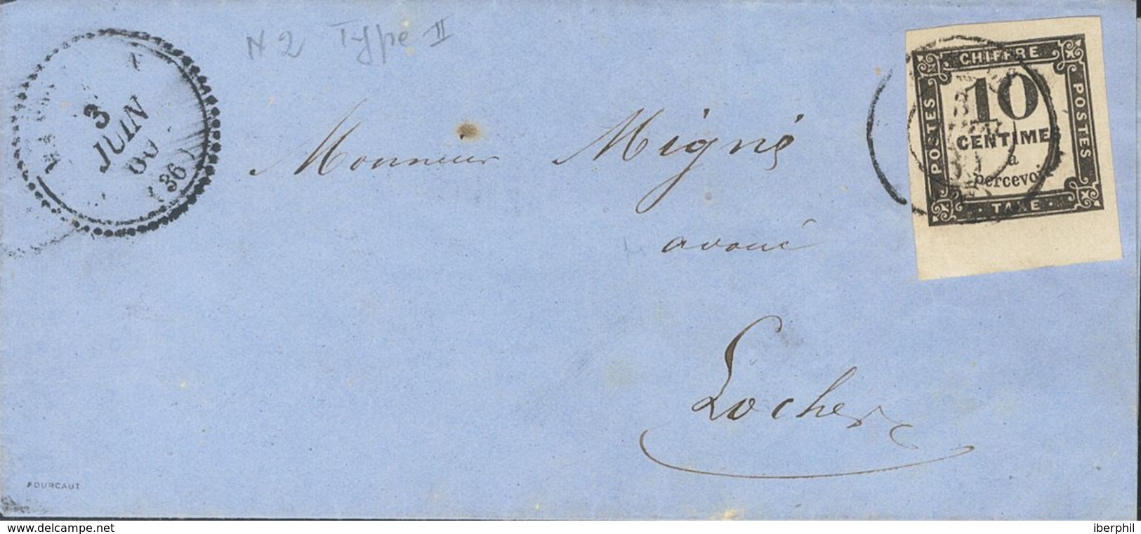 France, Postage Due. COVERYv 2. 1860. 10 Cts Black, Typographied, Margin Sheet. Addressed To LOCHES. VERY FINE. -- Franc - Autres & Non Classés