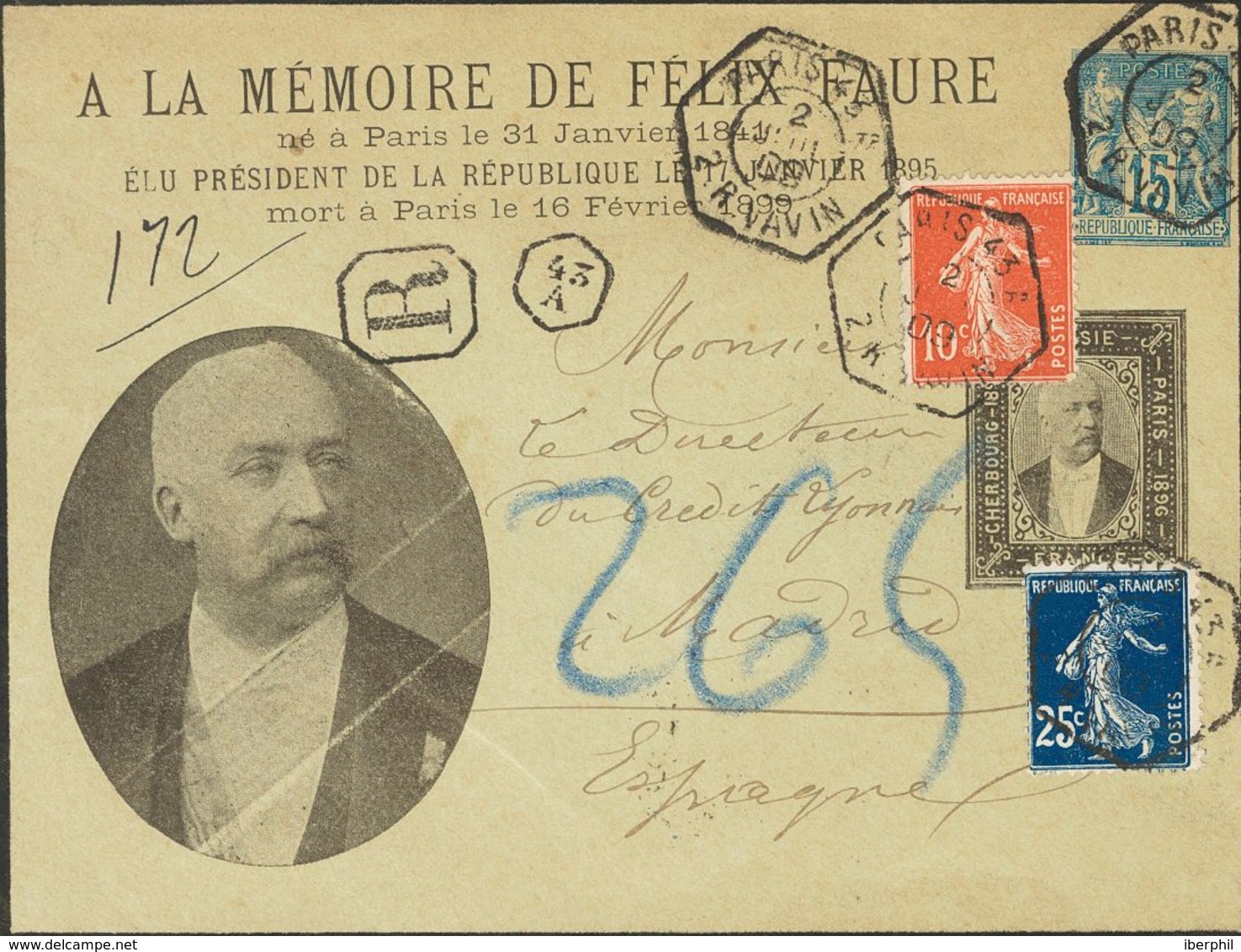 France, Postal Stationery. COVERYv 138, 140. 1909. 15 Cts Blue On Commemorative Postal Stationery Cover TO THE MEMOIRE O - Autres & Non Classés