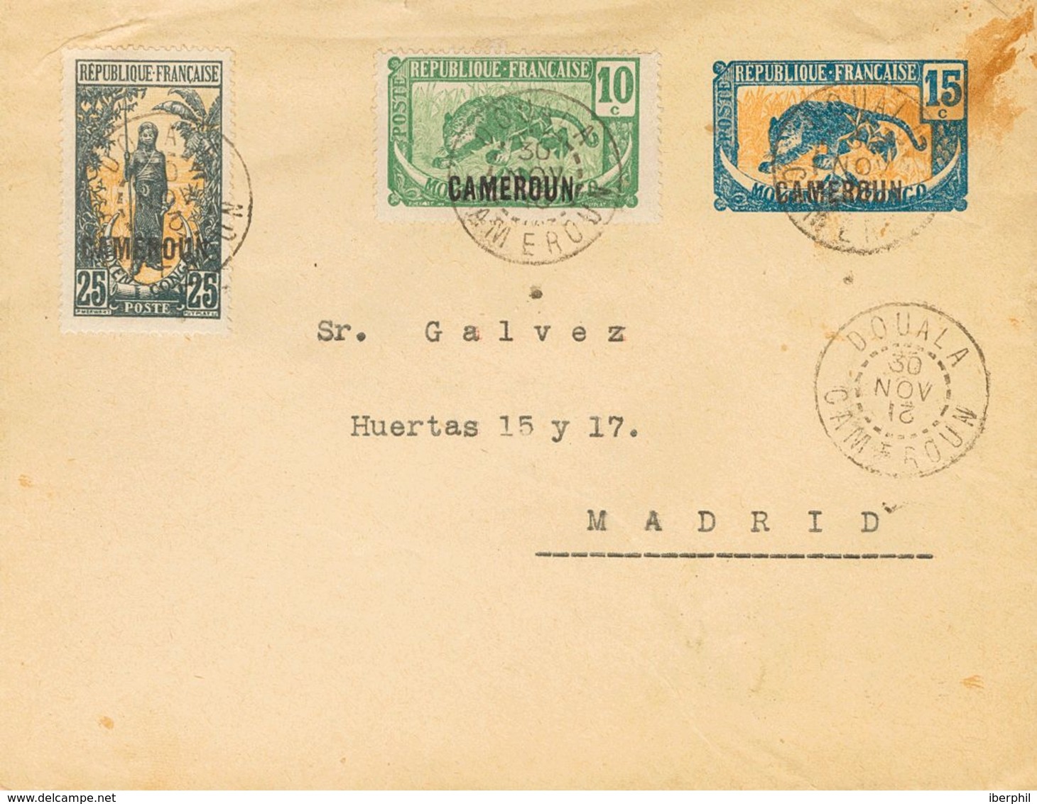 Cameroon. COVERYv 88, 91. 1921. 15 Cts Blue And Bistre On Postal Stationery From DOUALA To MADRID, With Complementary Fr - Other & Unclassified