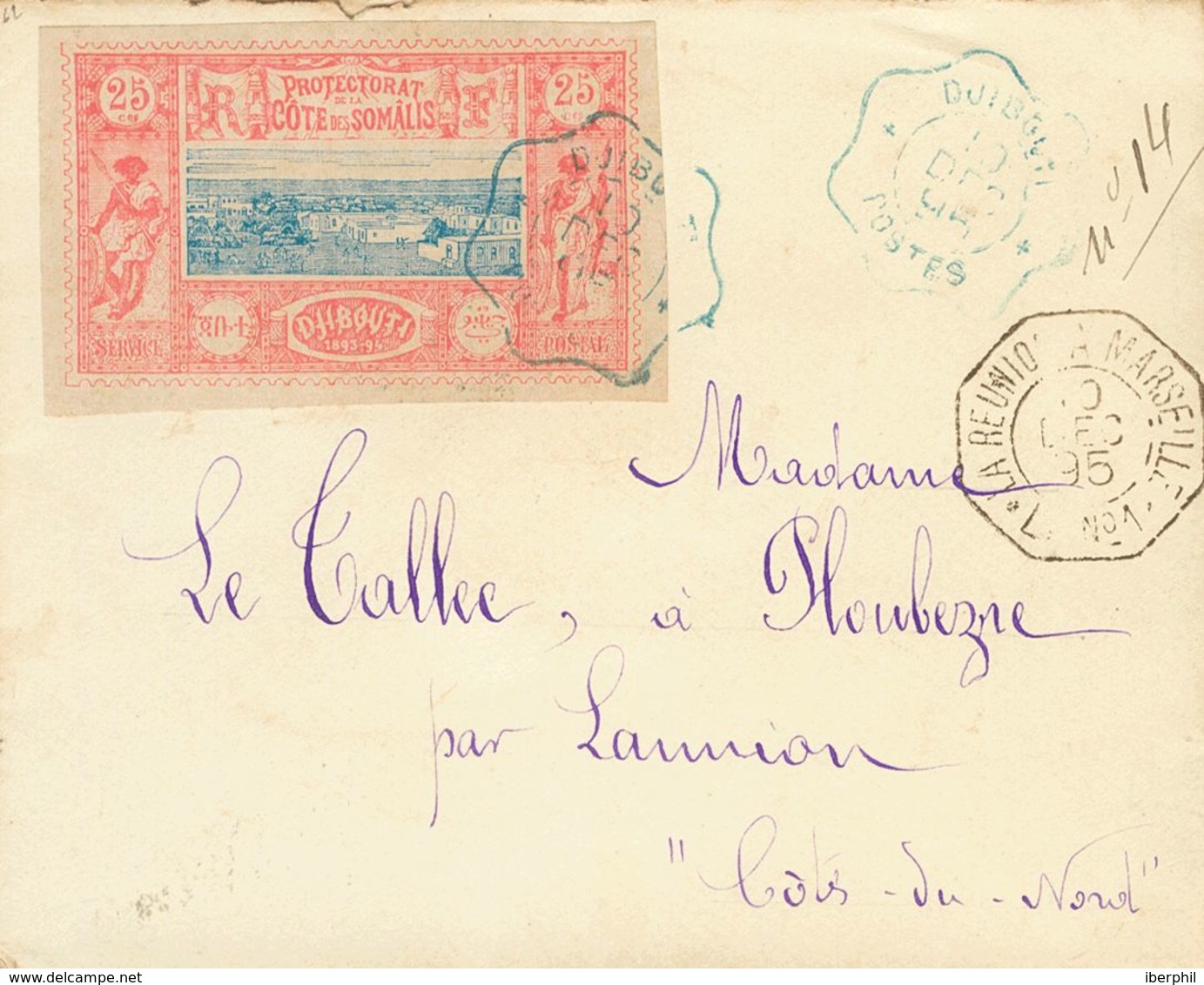 Somali Coast. COVERYv 12. 1895. 25 Cts Pink And Blue. DJIBOUTI To PLOUBEZRE (FRANCE). Postmark DJIBOUTI / POSTES, In Blu - Otros & Sin Clasificación