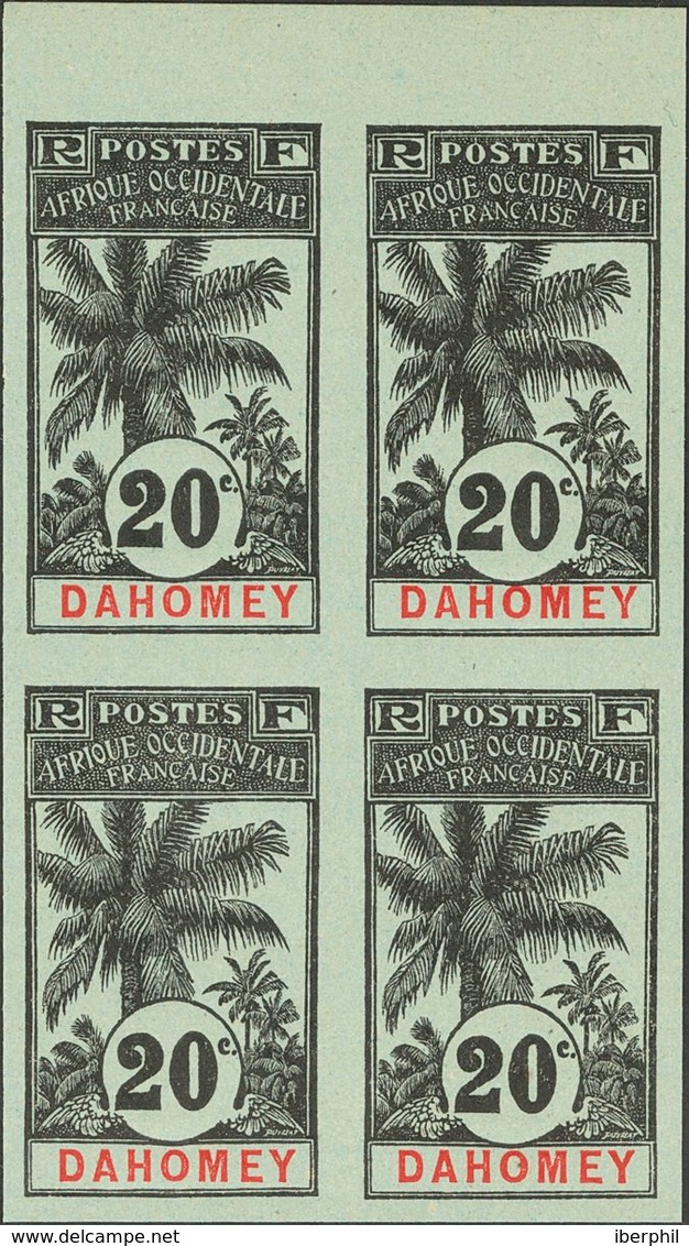 Dahomey. (*)Yv 23a(8). 1906. 20 Cts Black On Blue Green, Two Blocks Of Four. IMPERFORATED. VERY FINE.   Yvert 2013: 880  - Other & Unclassified