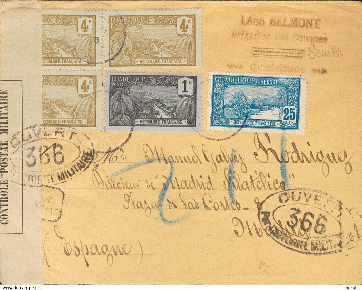 Guadeloupe. COVERYv 55, 56, 57(4), 59, 62. 1918. 1 Cts, 2 Cts, 4 Cts, Three Stamps, 10 Cts And 25 Cts. Registered From S - Autres & Non Classés
