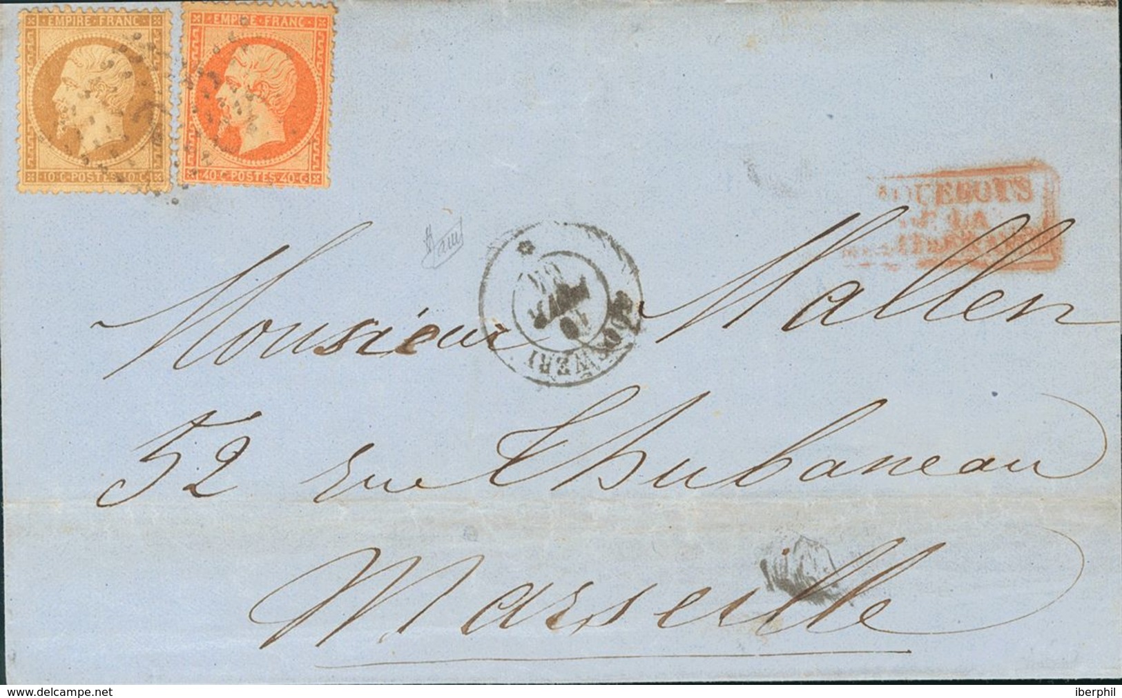 French Levant. COVERYv 21, 23. 1864. 10 Cts Bistre And 40 Cts Orange. CONSTANTINOPLA To MARSEILLE. Postmark ANCHOR And O - Other & Unclassified