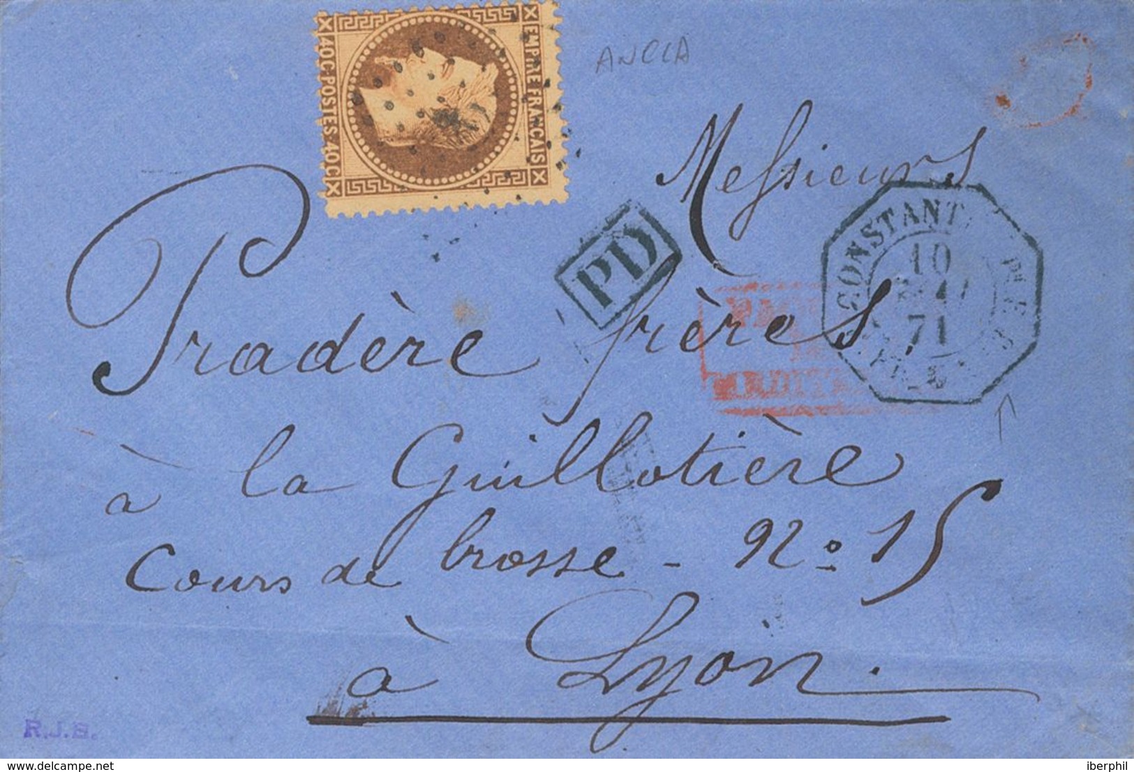 French Levant. COVER31. 1871. France Stamp Of 40 Cts Orange (darkened Color). Addressed To LYON (FRANCE). Postmark ANCHO - Otros & Sin Clasificación