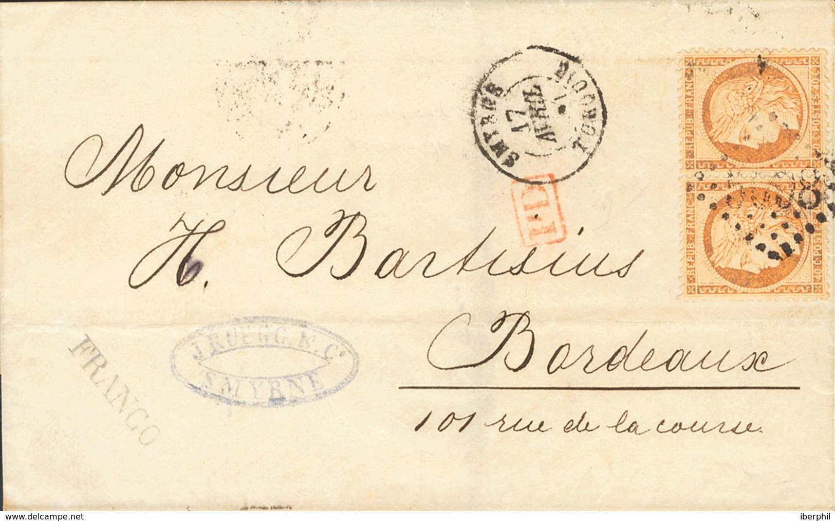 French Levant. COVER38(2). 1871. 40 Cts Orange Of France, Pair. IZMIR (TURKEY) To BORDEAUX. Cancelled With LOZENGE OF LA - Autres & Non Classés