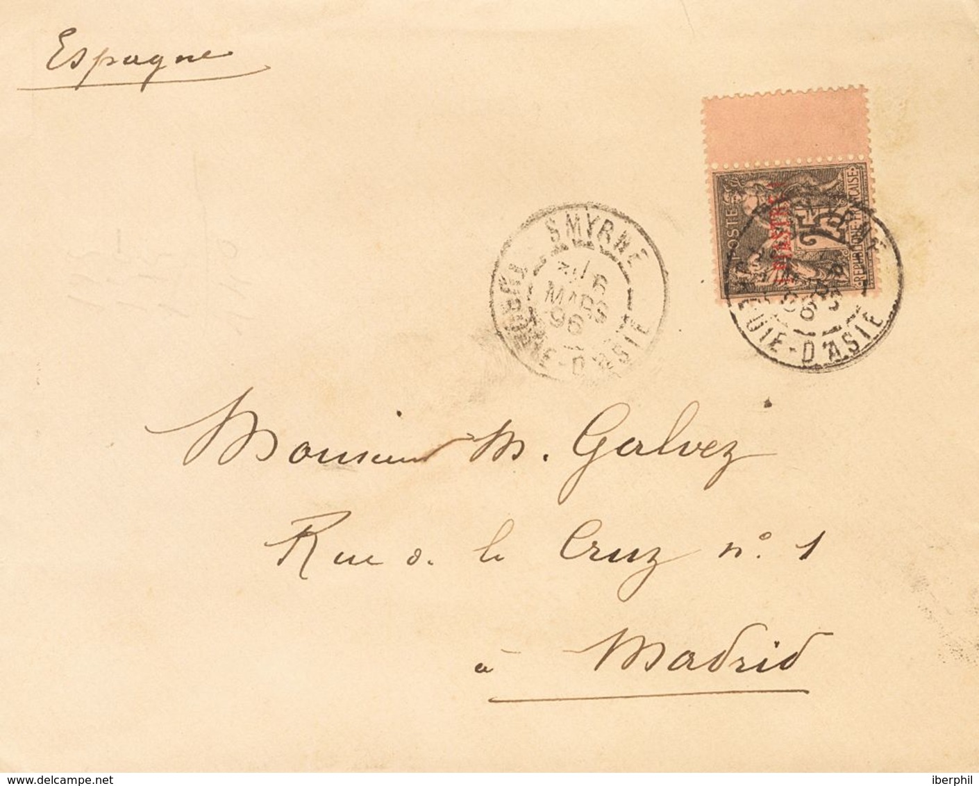 French Levant. COVERYv 4. 1896. 1 Pi On 25 Cts Black On Pink. SMIRNE To MADRID. Postmark SMYRNE / TURQUIE-D'ASIE, Arriva - Autres & Non Classés