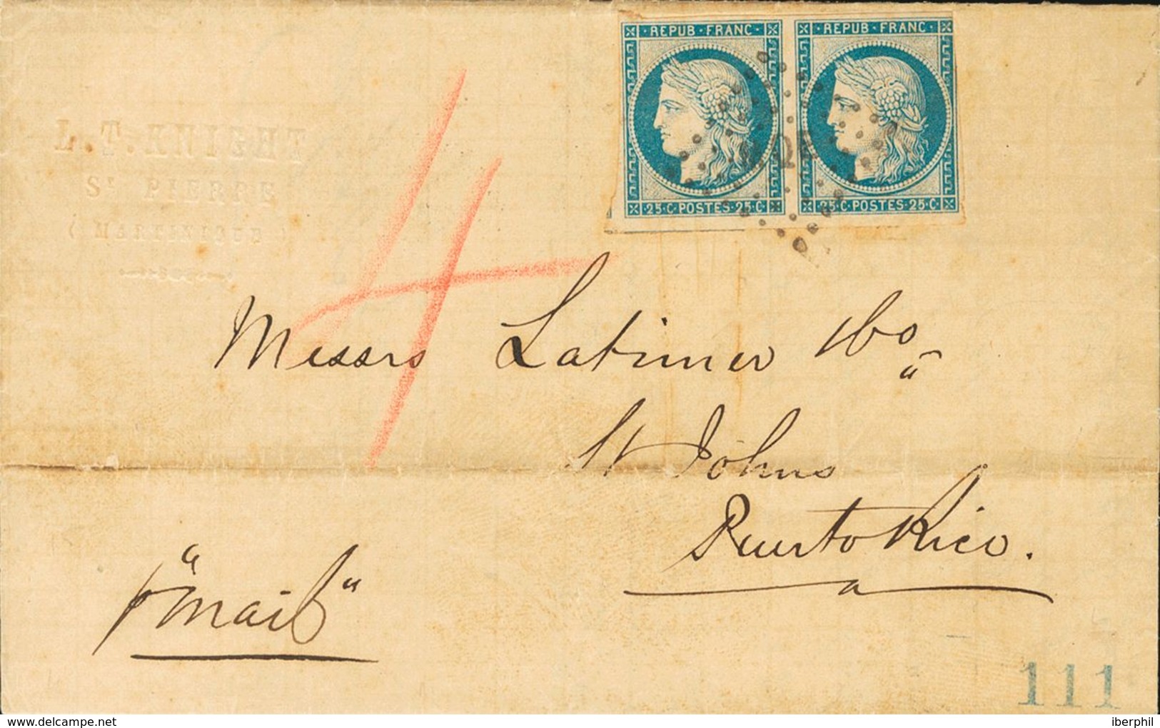 Martinique. COVERYv 23(2). 1877. 25 Cts Blue (general Emissions), Pair. SAINT PIERRE To SAN JUAN (PUERTO RICO). Cancelle - Andere & Zonder Classificatie