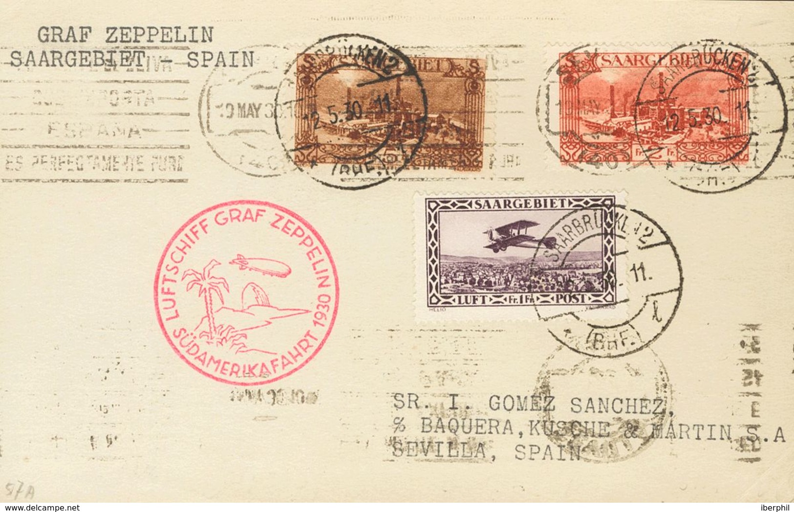 Saarland. COVER118, 120, Aéreo 2. 1930. 2 F Red, 5 F Chestnut And Airmail 1 F Violet. Postcard By Graf Zeppelin From SAR - Otros & Sin Clasificación